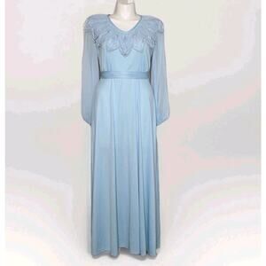 VTG 70s Baby Blue Maxi Dress w/ Sequin Applique Collar, sz Large